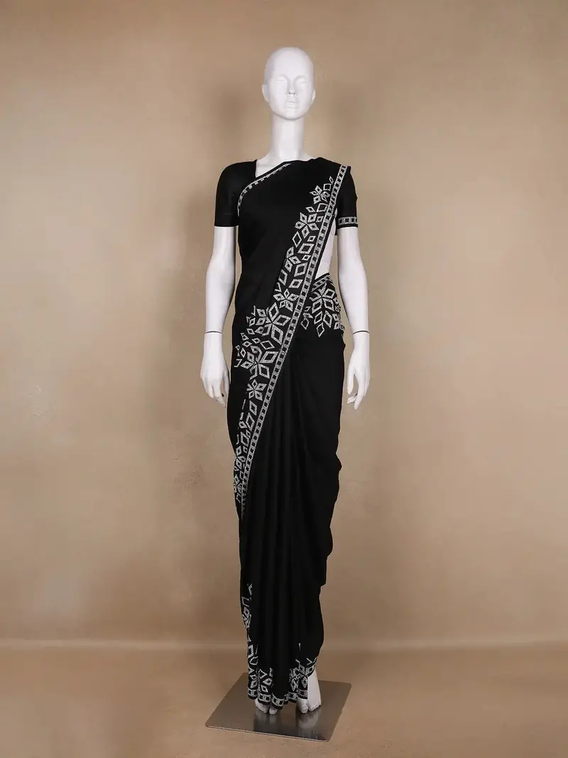 Black Solid Satin Fancy Saree With Designed Border 1