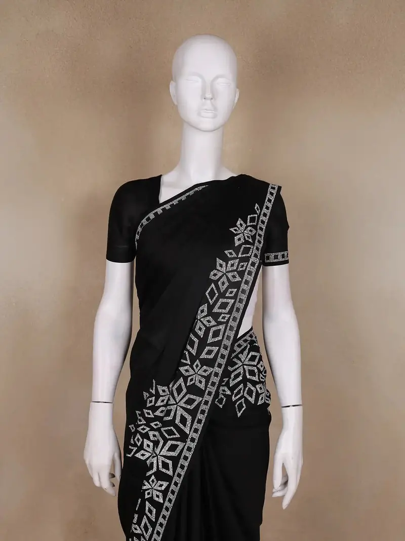 Black Solid Satin Fancy Saree With Designed Border 2