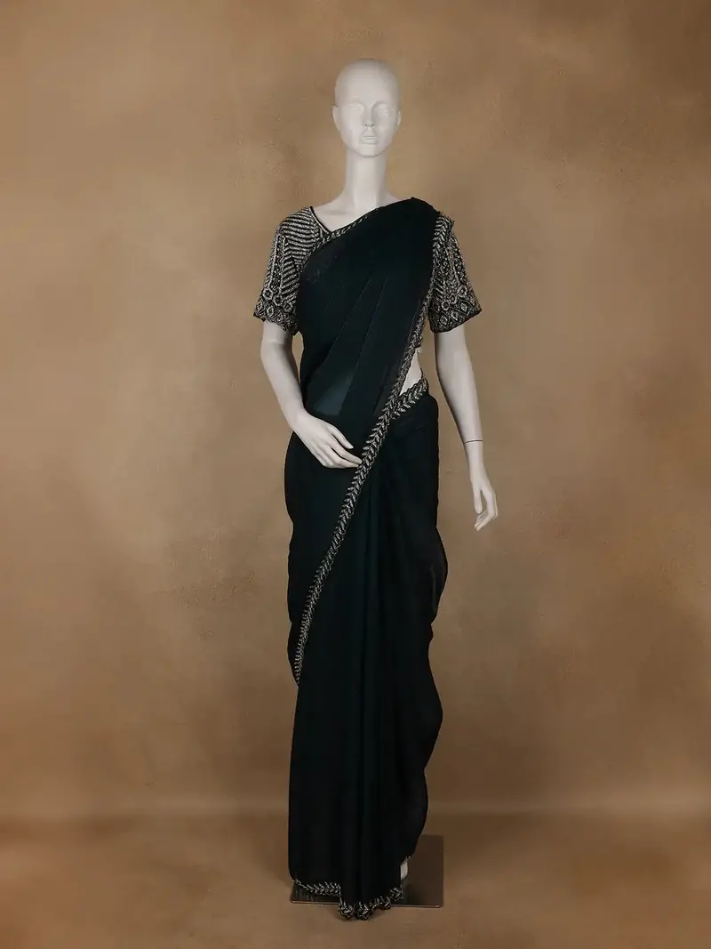 Black Solid Stone Embellished Border Organza Saree With Designer Blouse 1