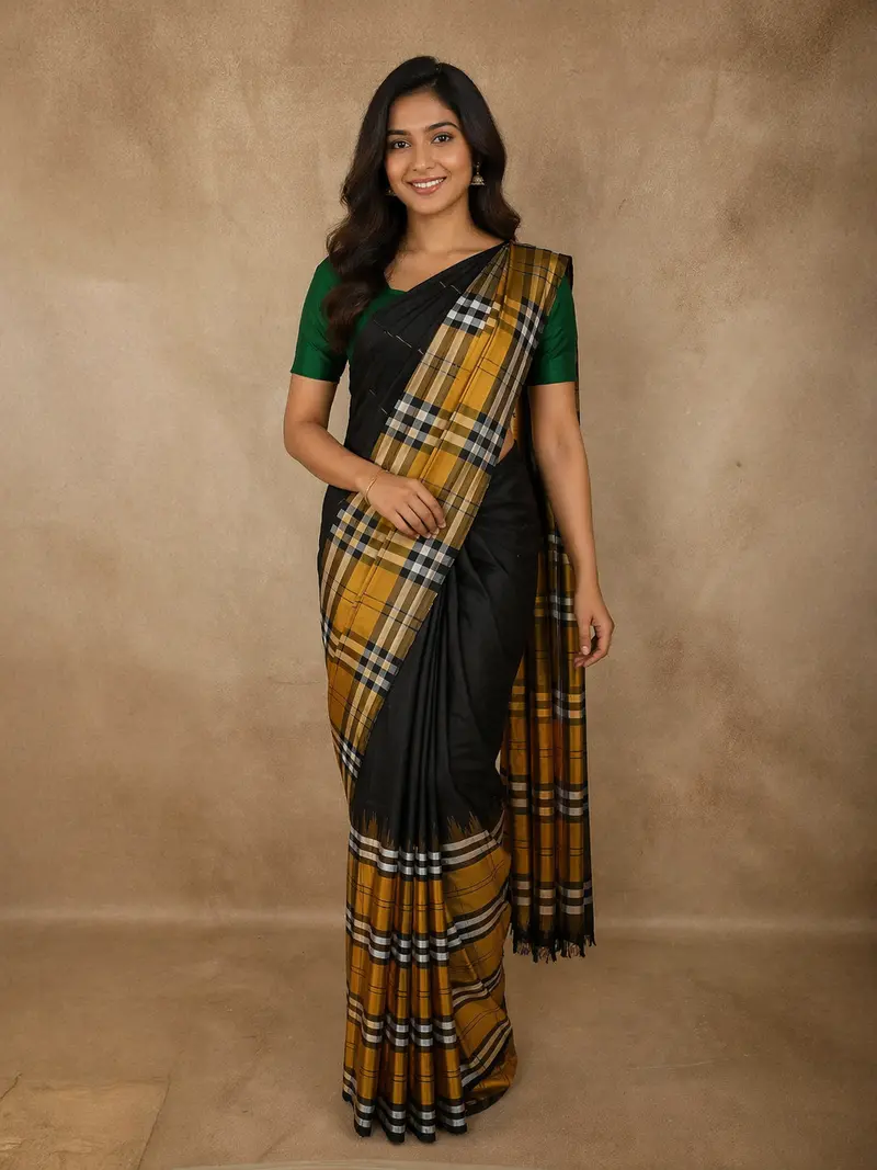 Black Solid Woven Design Pure Kanchipuram Silk Saree With Contrast Checked Border 1