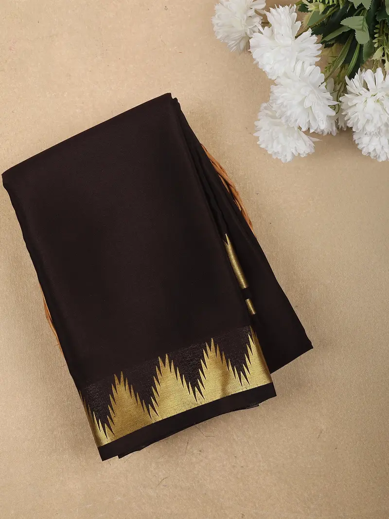 Black Solid Woven Design Pure Mysore Silk Saree With Temple Zari Border 1
