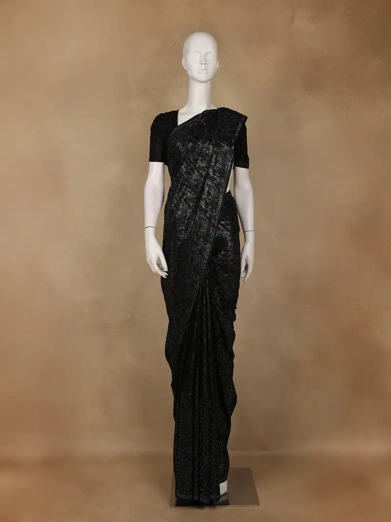 Black Stone Embellished Satin Saree With Matching Blouse 1