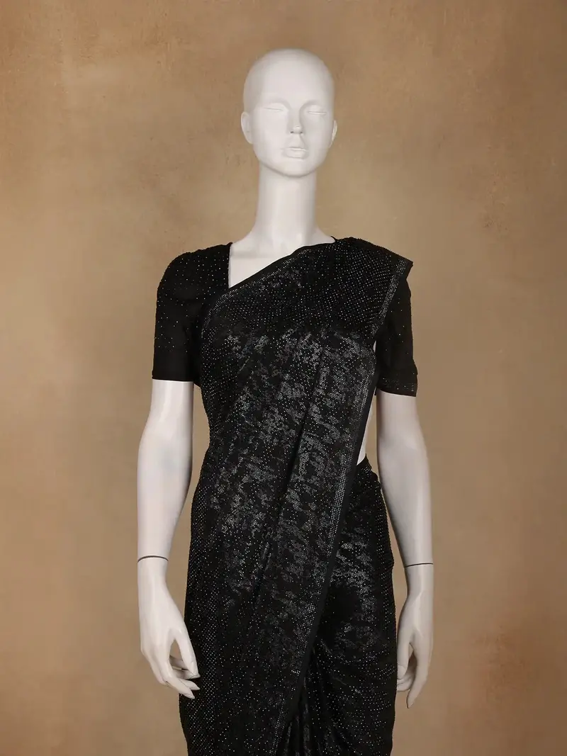 Black Stone Embellished Satin Saree With Matching Blouse 2