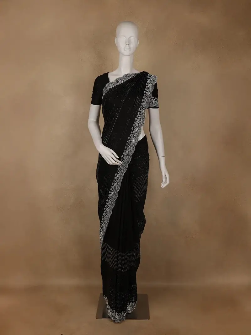 Black Stone Embellished Satin Saree With Scalloped Border 1