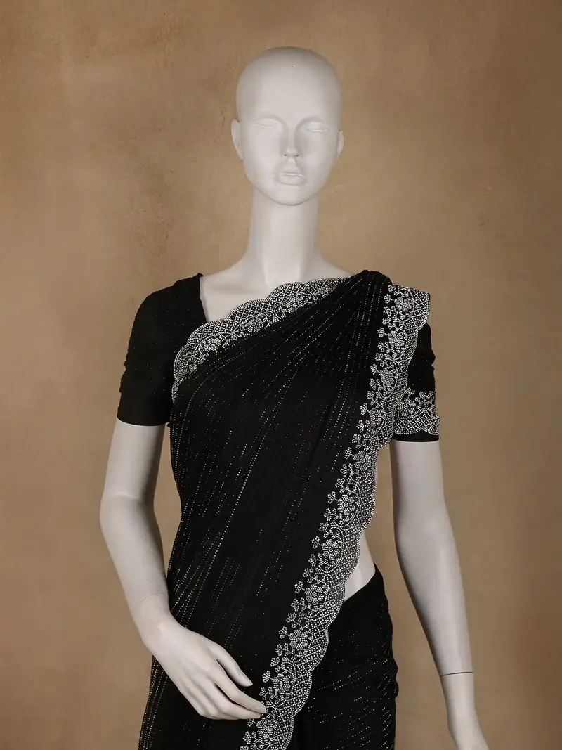 Black Stone Embellished Satin Saree With Scalloped Border 2