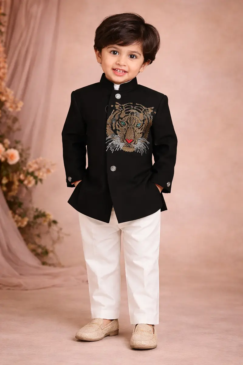 Black Stone Worked Indo-Western Kids Viscose Sherwani 1
