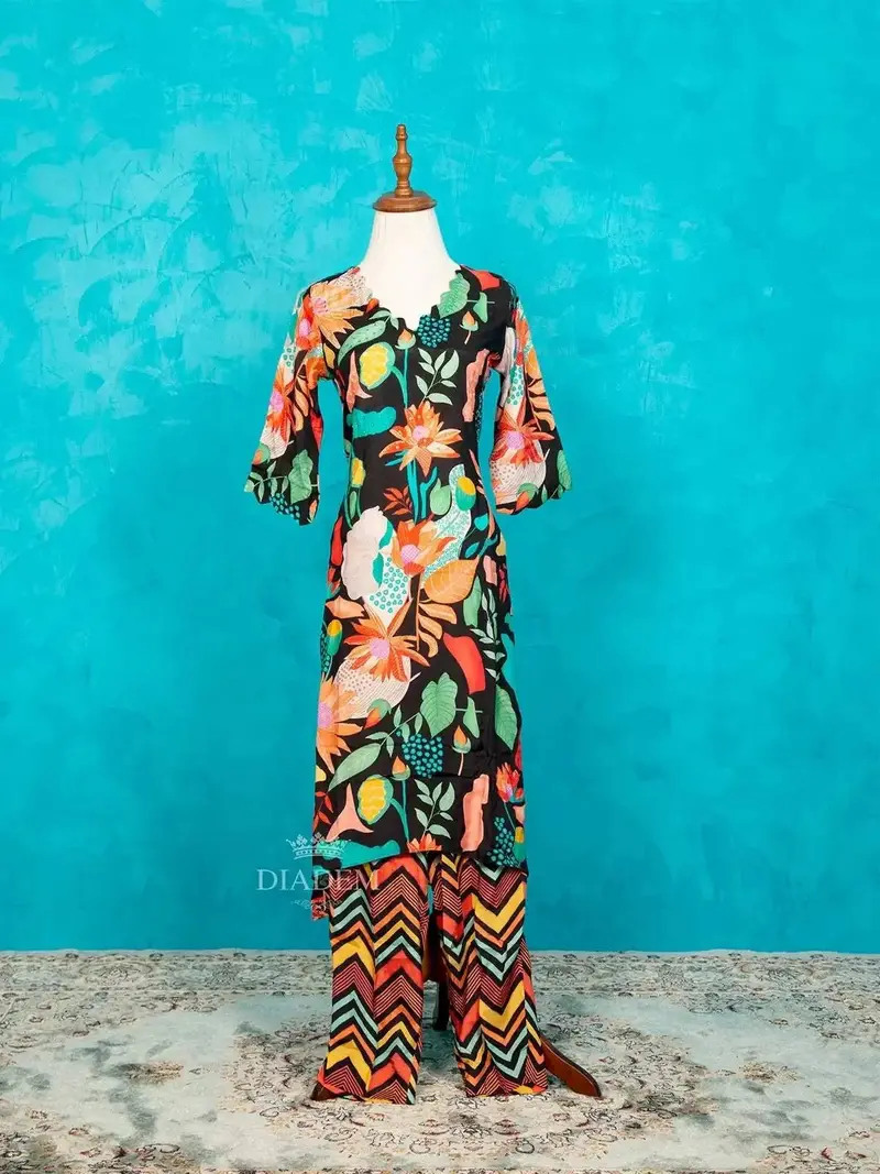 Black Straight Cut Salwar Suit Adorned With Floral Prints Along With Multicolor Pant 1