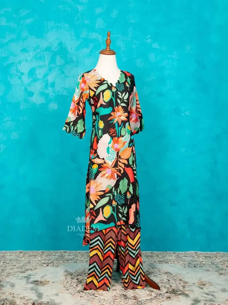 Black Straight Cut Salwar Suit Adorned With Floral Prints Along With Multicolor Pant 2