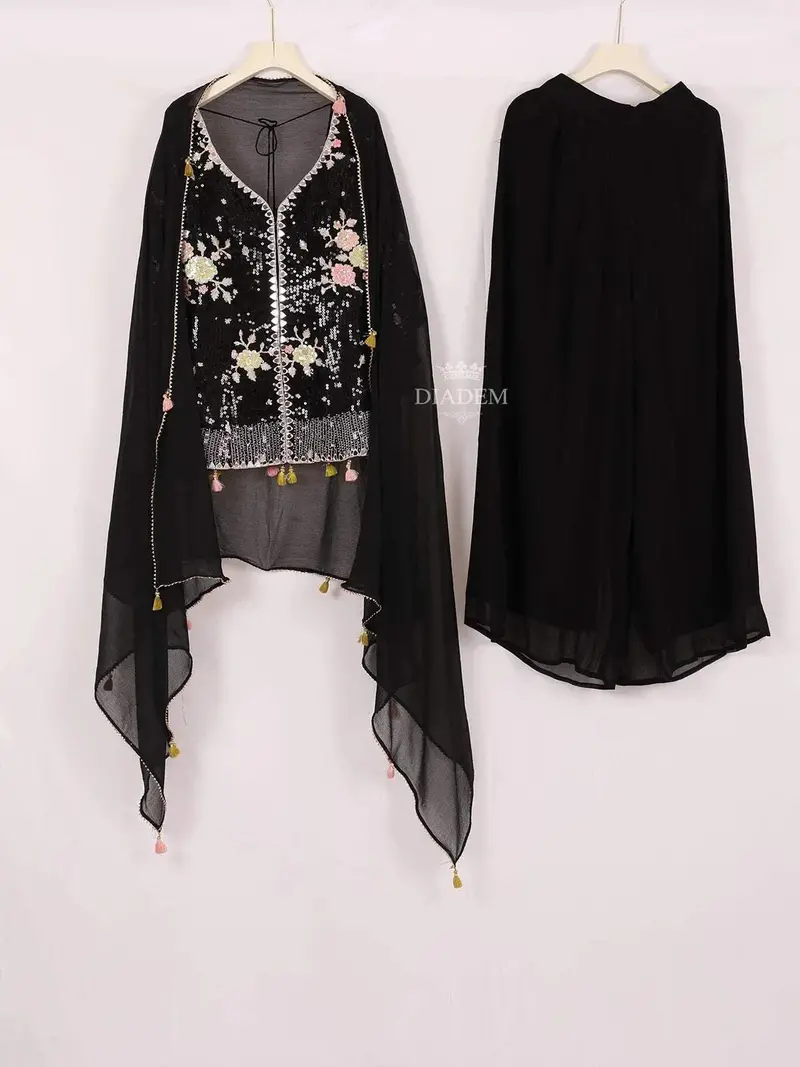 Black Straight Cut Salwar Suit Embellished With Mirror And Sequins Floral Design With Dupatta 1