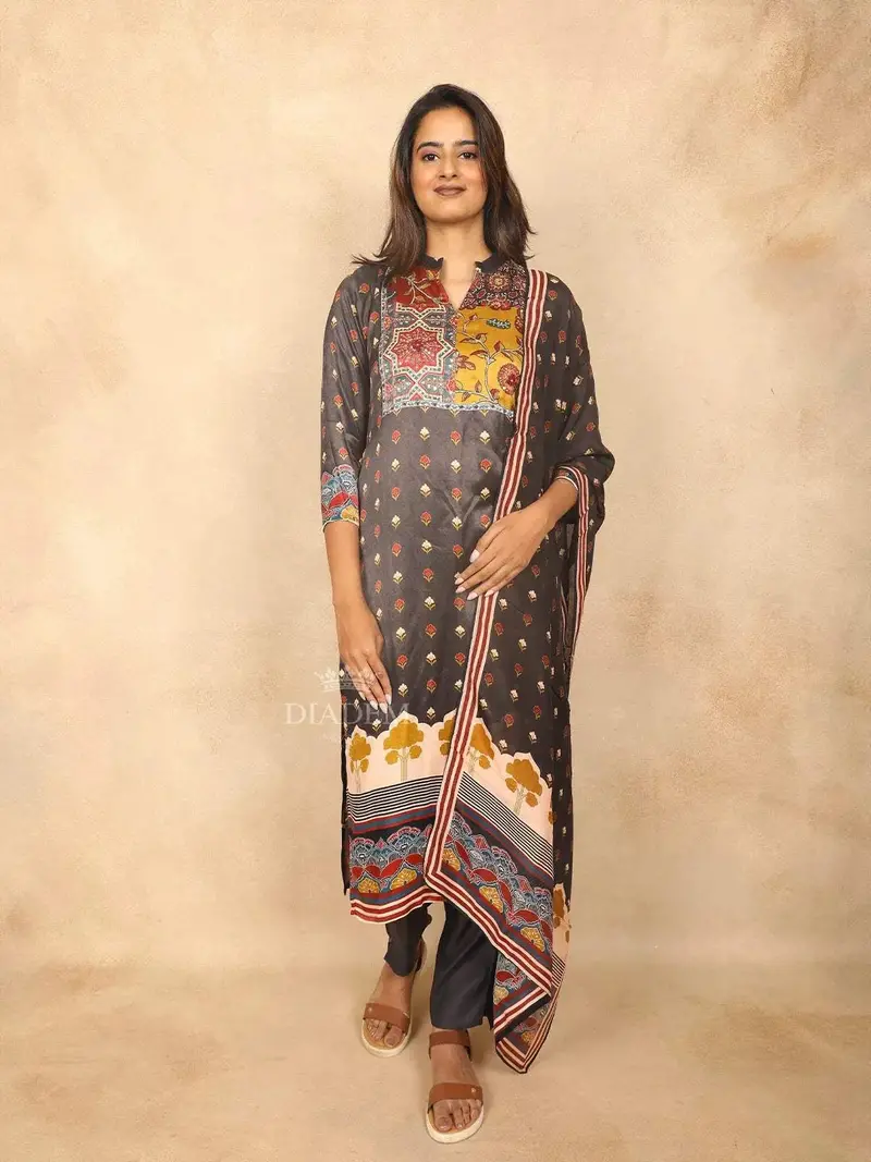 Black Straight Cut Salwar Suit For Women Adorned With Sequins And Floral Design With Dupatta 1