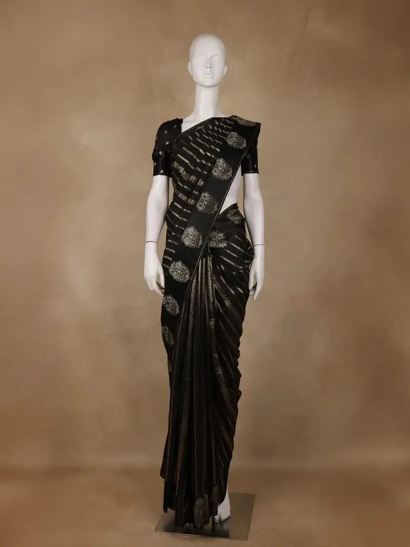 Black Striped And Floral Design Semi Tussar Silk Saree 1