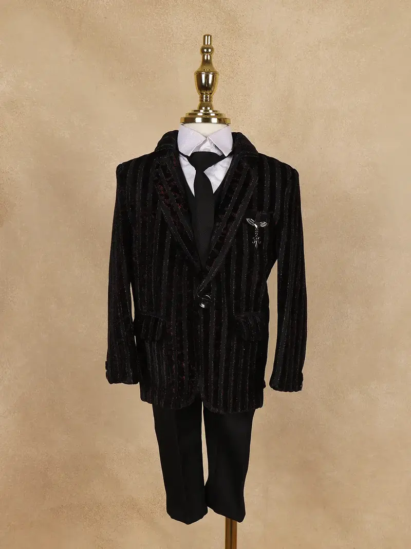 Black Striped Design Velvet Suit For Boys 1