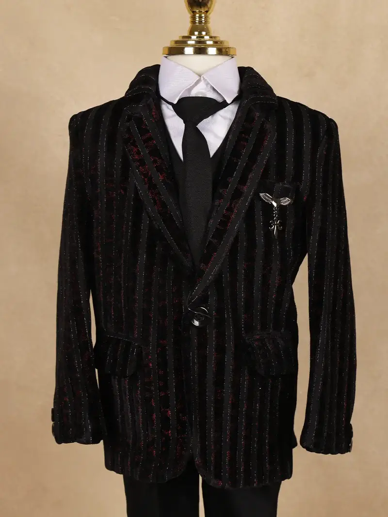 Black Striped Design Velvet Suit For Boys 2