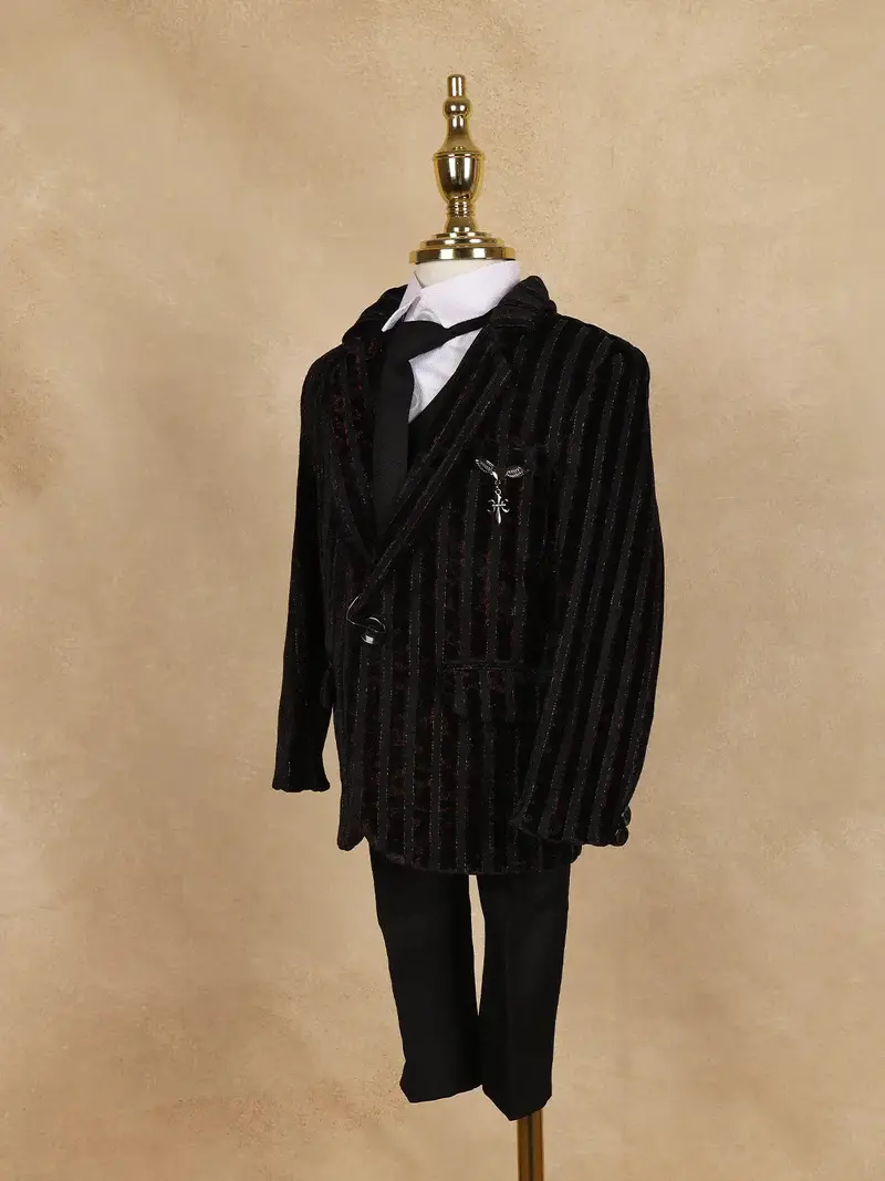 Black Striped Design Velvet Suit For Boys 3