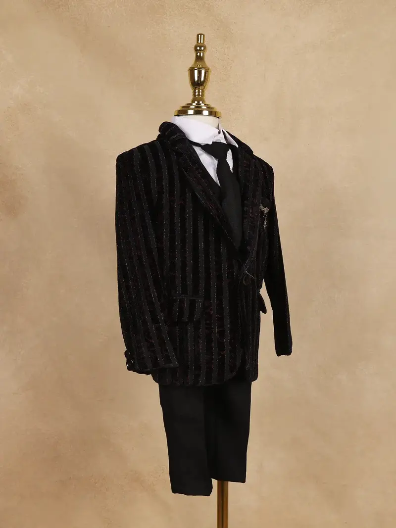Black Striped Design Velvet Suit For Boys 4