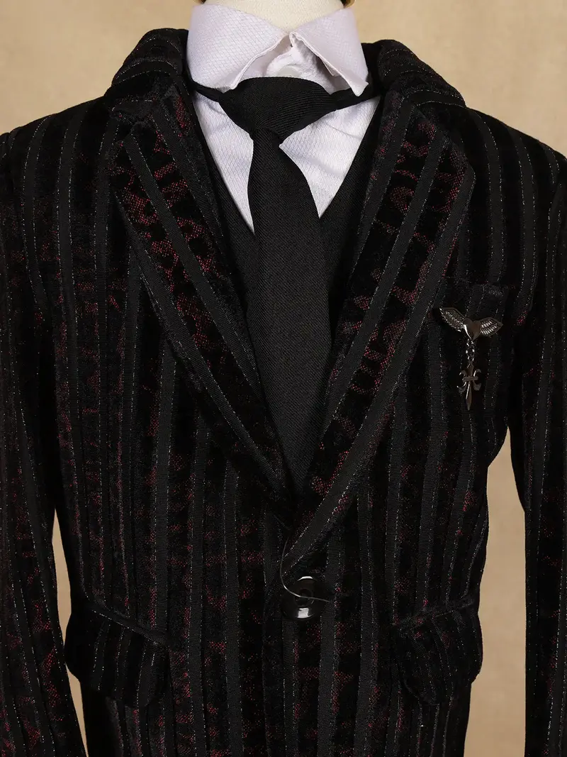 Black Striped Design Velvet Suit For Boys 5