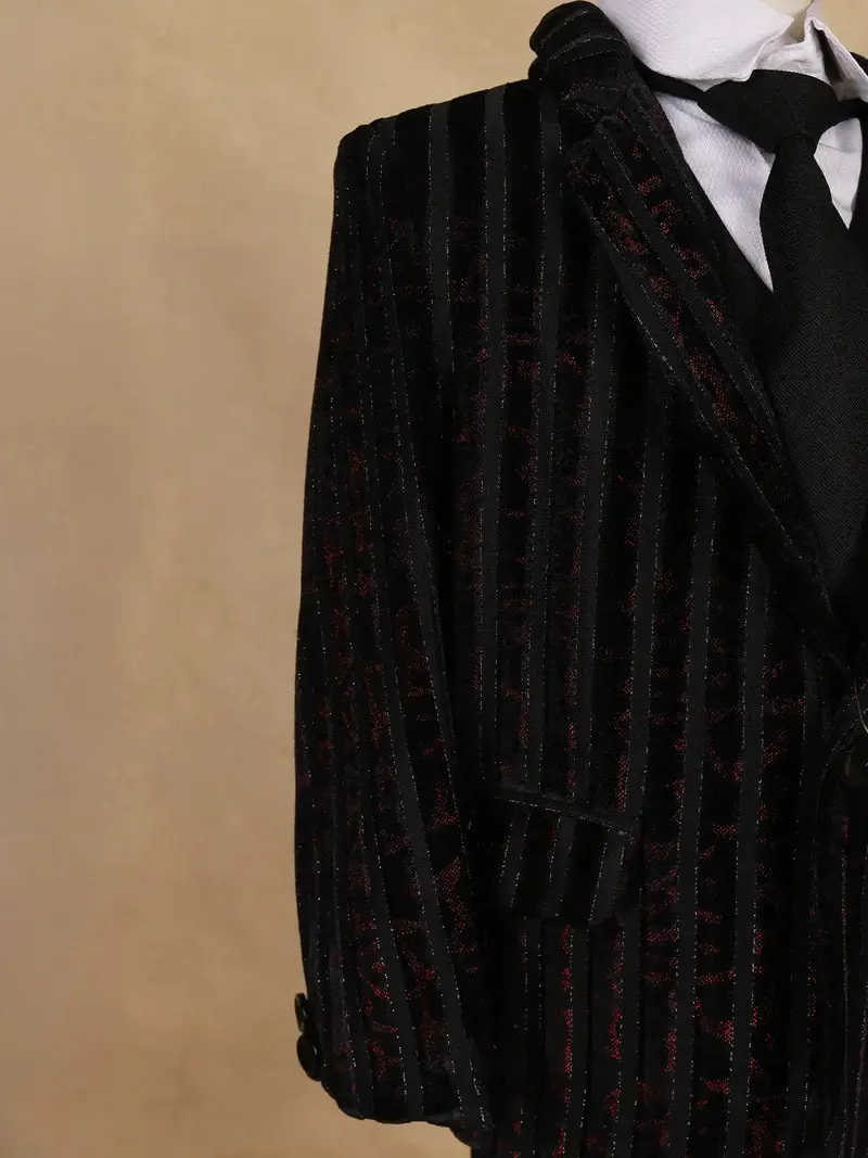 Black Striped Design Velvet Suit For Boys 6