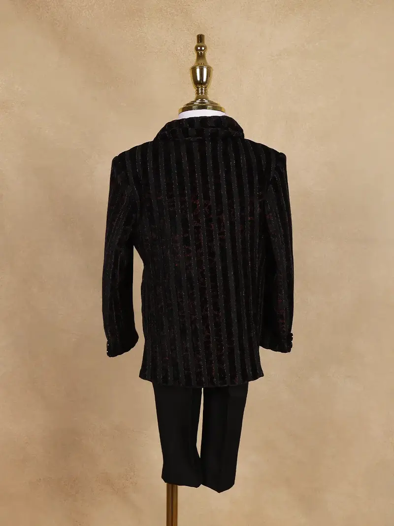 Black Striped Design Velvet Suit For Boys 8