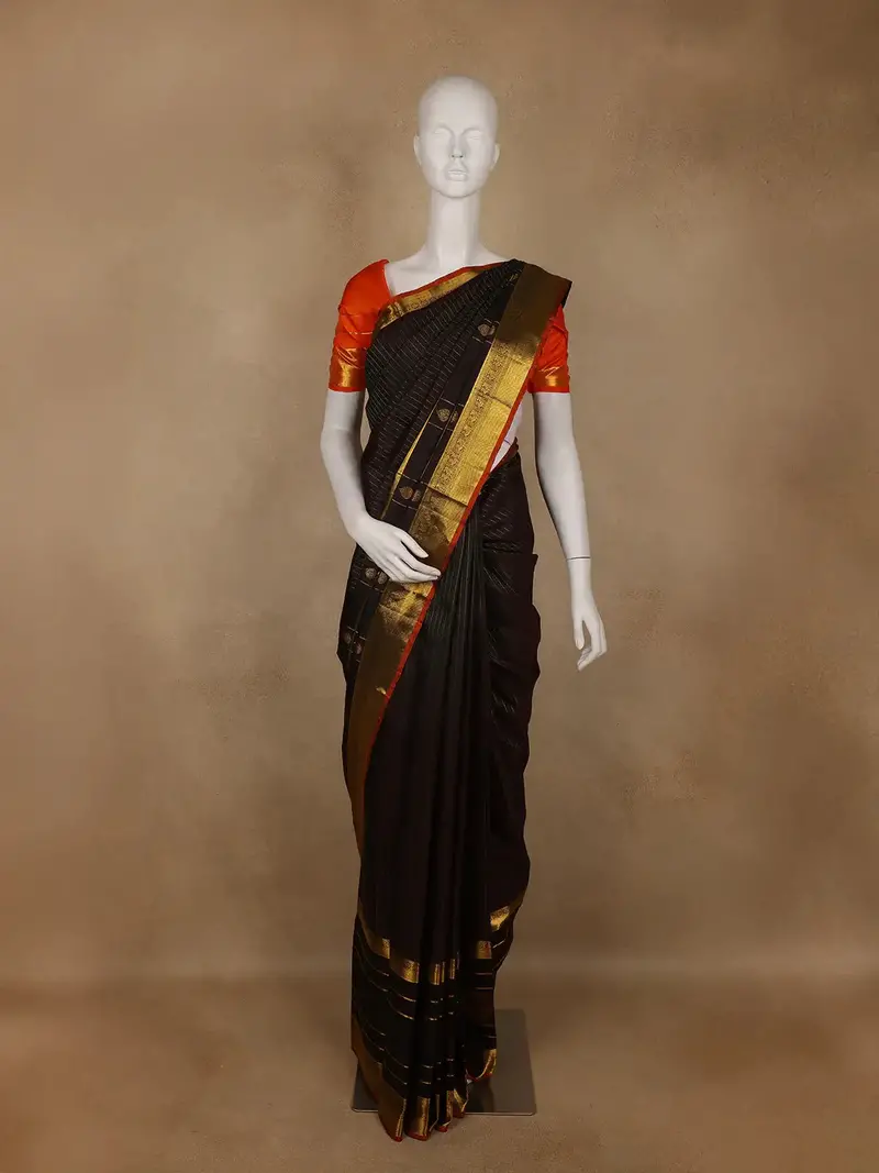 Black Stripes Woven Pure Kanchipuram Silk Saree 1