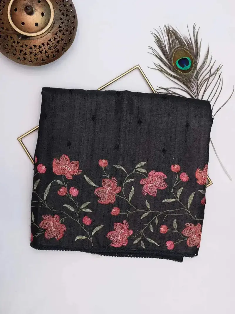 Black Tussar Silk Saree With Floral Thread Work And Embroidery Border 1