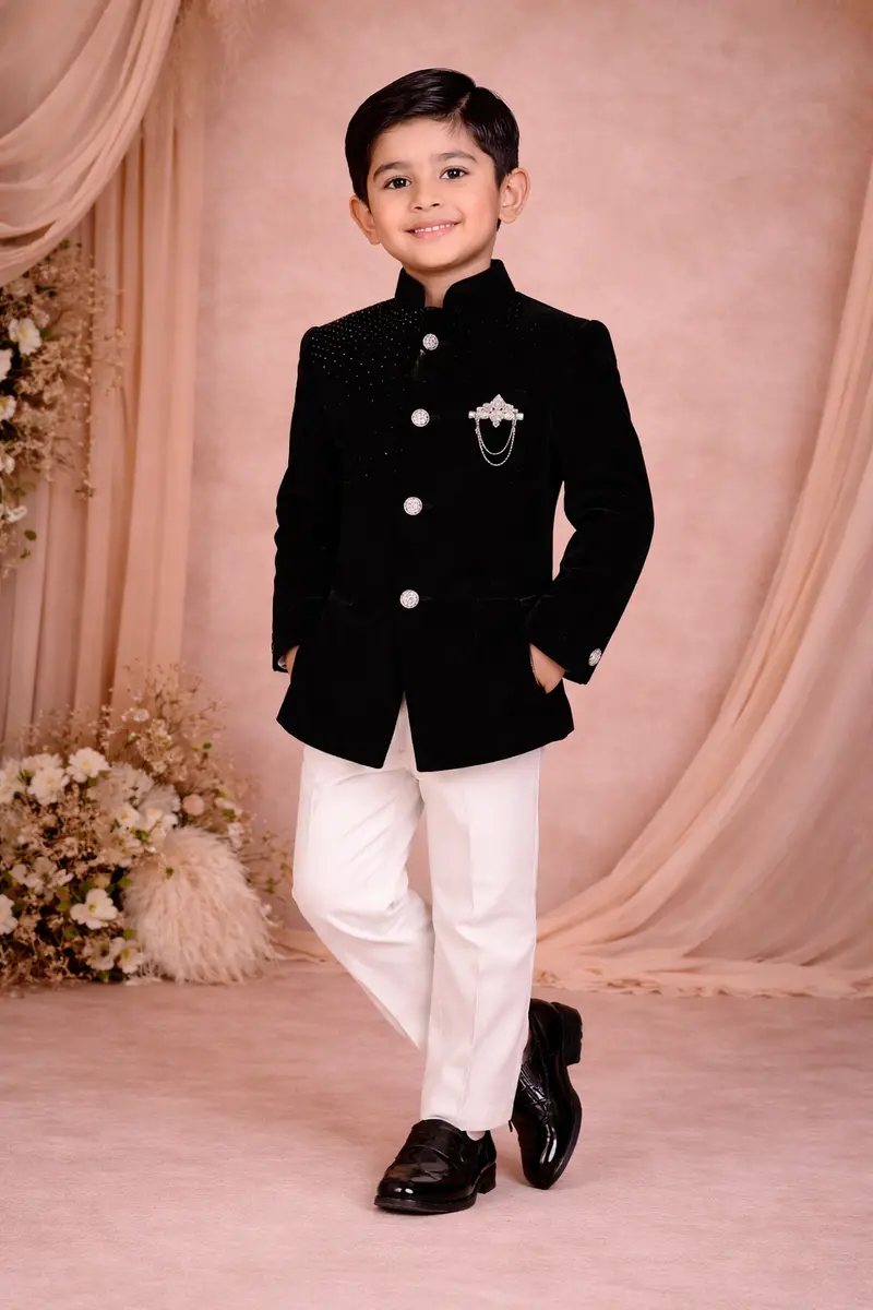 Black Velvet Kids Indo-Western Sherwani With White Pants 1