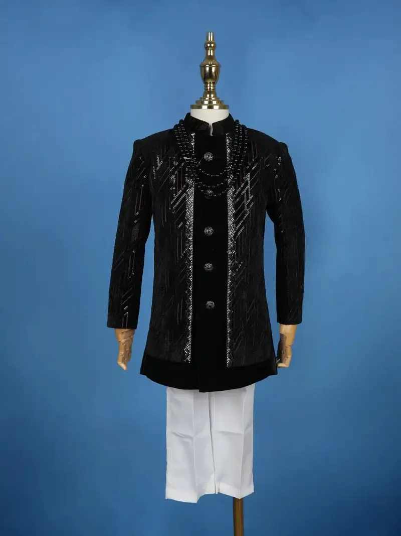 Black Velvet Sequins And Thread Work Sherwani And Pant Set 1