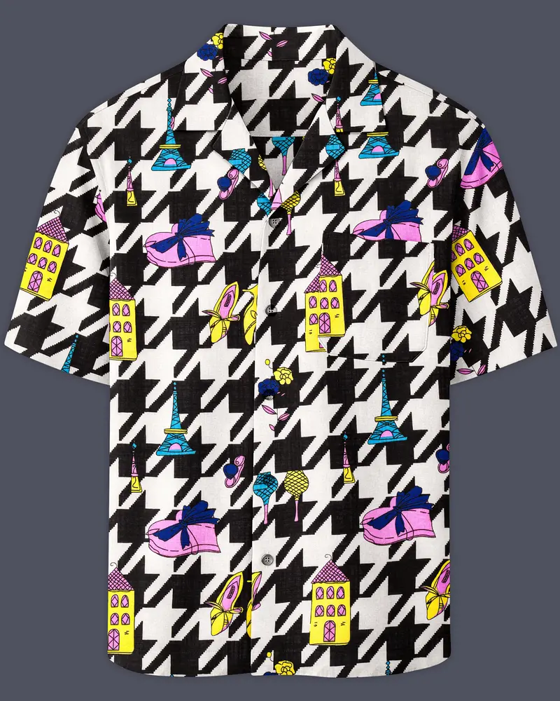 Black & White With Lavender Pink Herringbone Printed Lightweight Oversized Premium Cotton Shirt 1