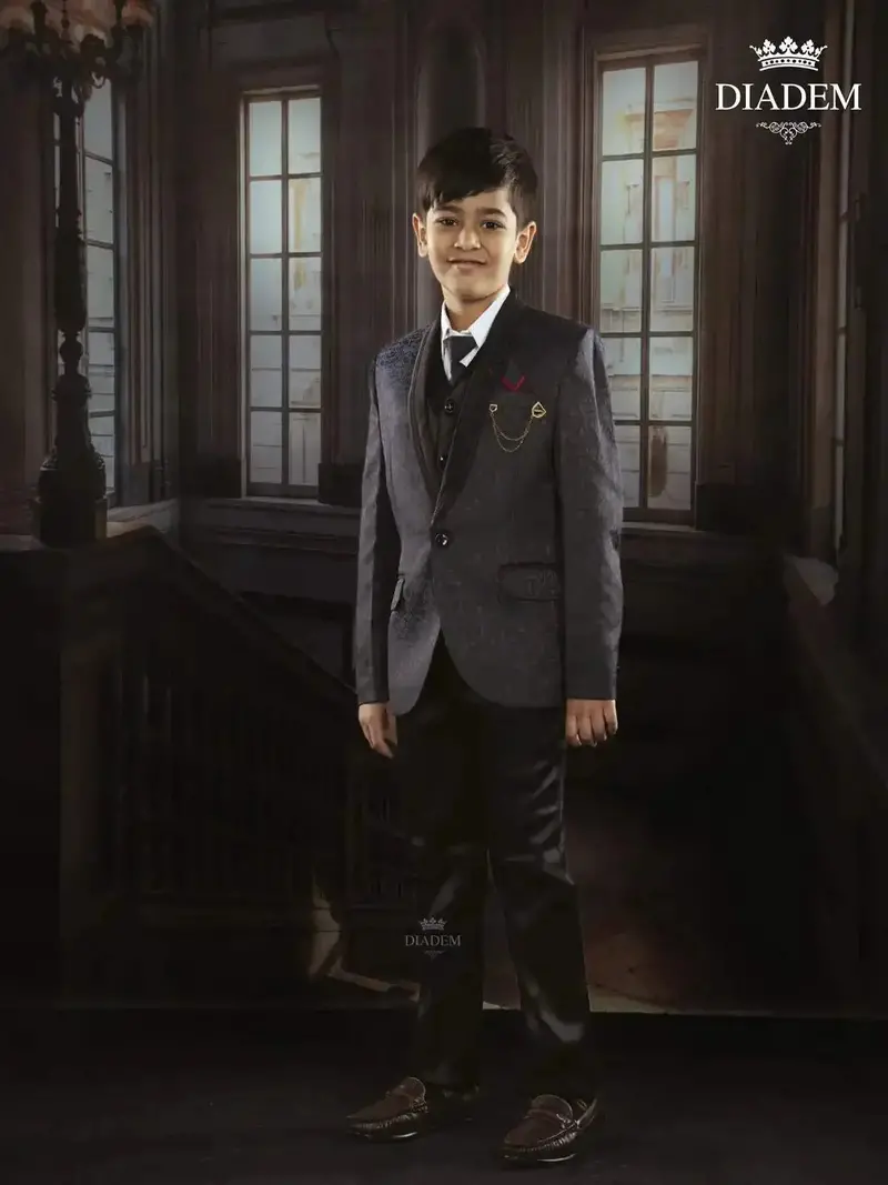 Black With Dark Blue Coat Suit With Tie And Brooch 1