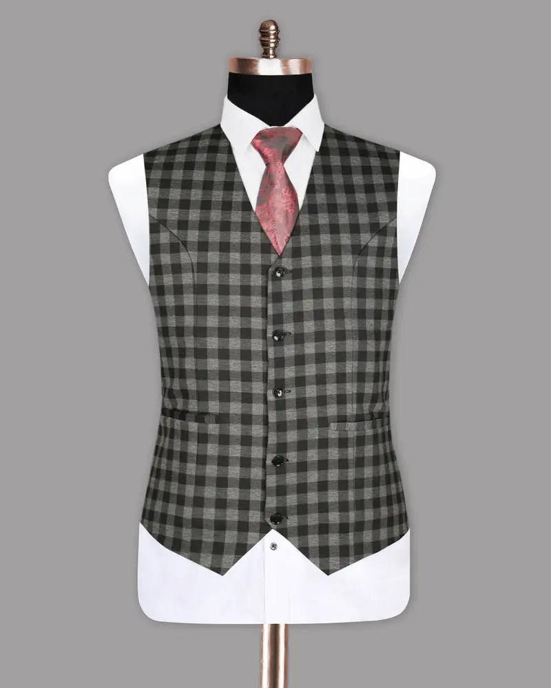 Black With Grey Flannel Checked Wool Rich Waistcoat 2