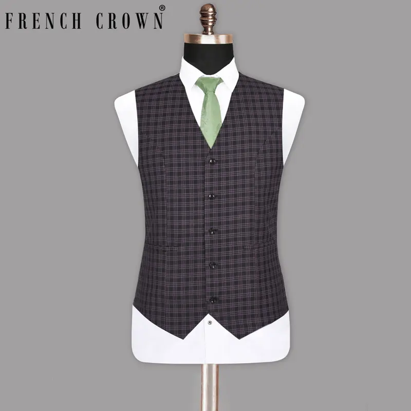 Black With Lilac Twill Plaid Wool Blend  Waistcoat 1