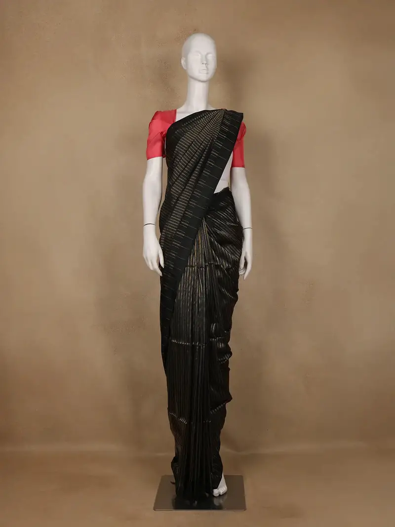 Black With Metallic Gold And Copper Striped Soft Silk Saree 1