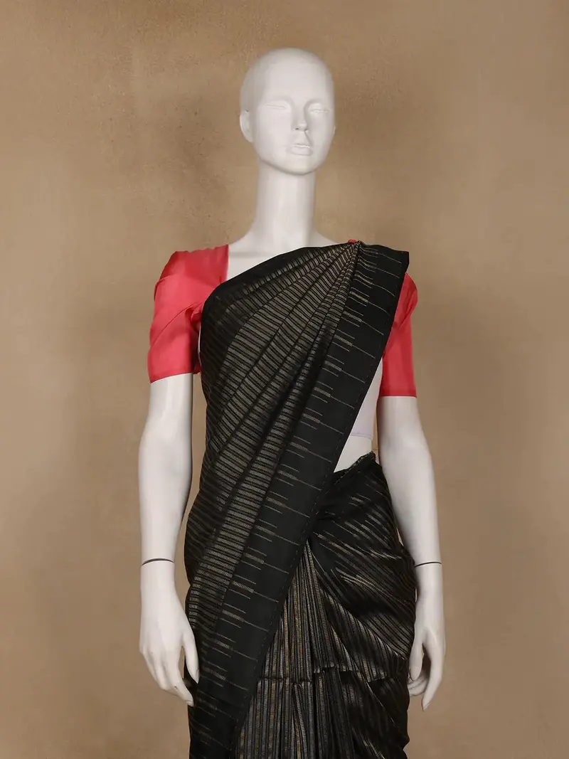Black With Metallic Gold And Copper Striped Soft Silk Saree 2
