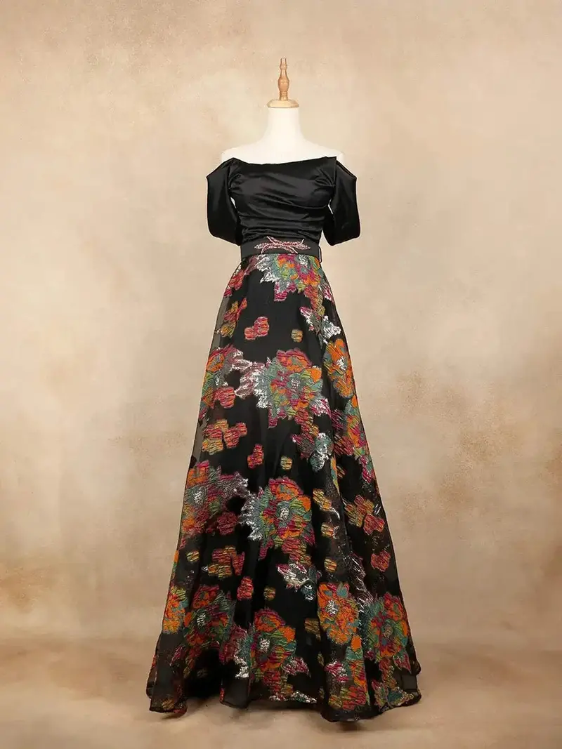 Black With Multicolor Floral Print, Waist Belt And Off Shoulder Gown 1