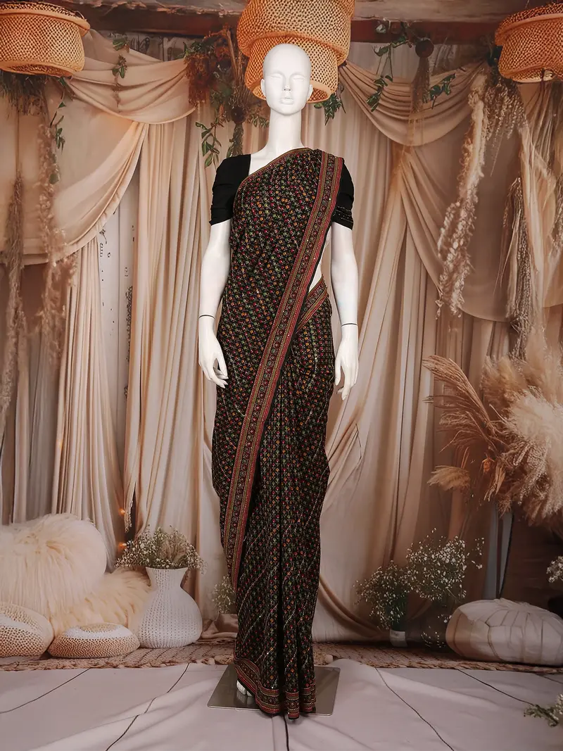 Black With Multicolor Floral Printed Design Chanderi Cotton Saree 1