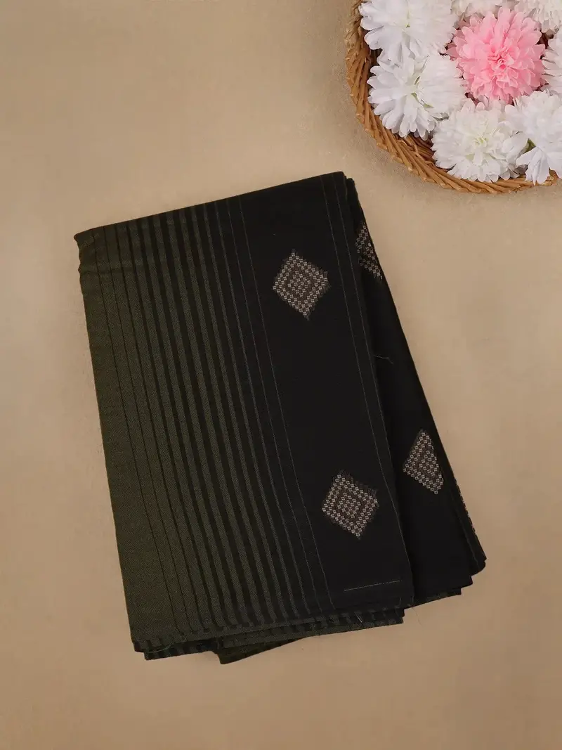 Black With Olive Green Stripes Printed Cotton Saree 1