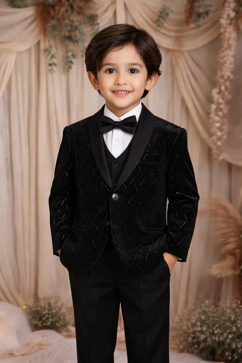Black Zigzag Beads Embroidered Kids Velvet Suit 1