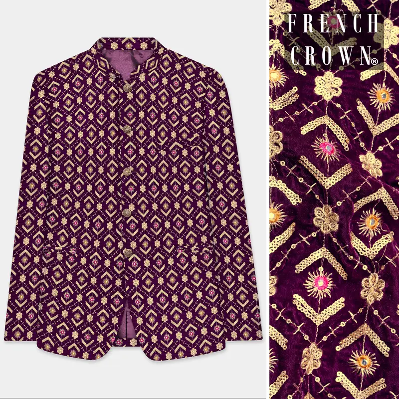 Blackberry Purple Velvet Thread And Sequin Embroidered Bandhgala Jodhpuri 1