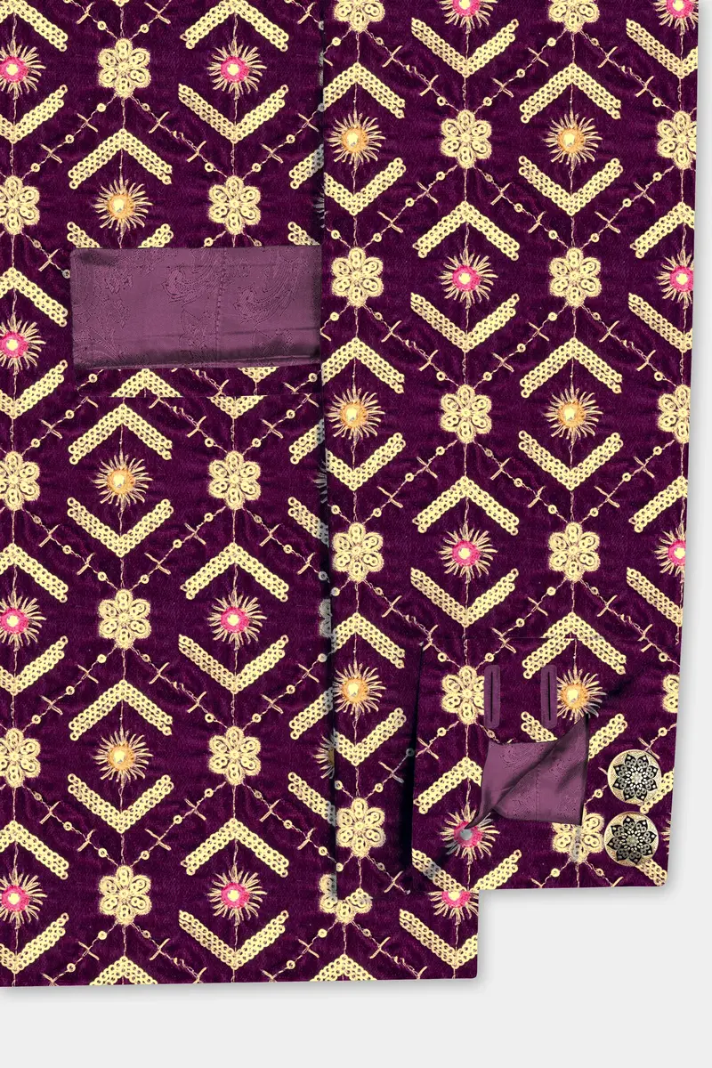 Blackberry Purple Velvet Thread And Sequin Embroidered Bandhgala Jodhpuri 5