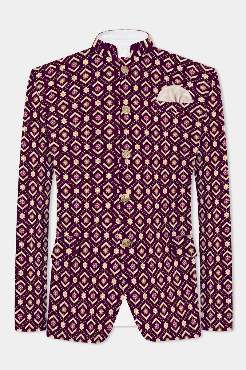 Blackberry Purple Velvet Thread And Sequin Embroidered Bandhgala Jodhpuri 6