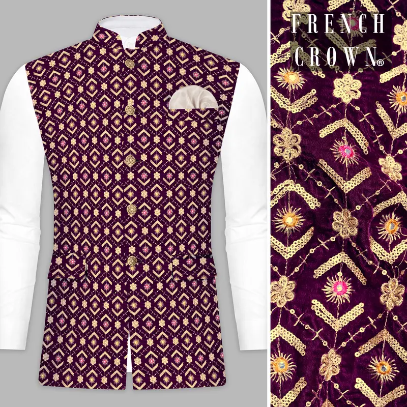 Blackberry Purple Velvet Thread And Sequin Embroidered Nehru Jacket 1