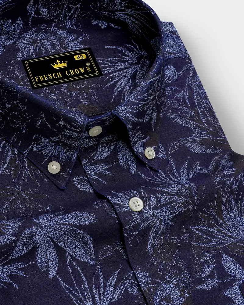 Blackcurrant Blue With Ship Cove Blue Floral Chambray Textured Premium Cotton Shirt 1