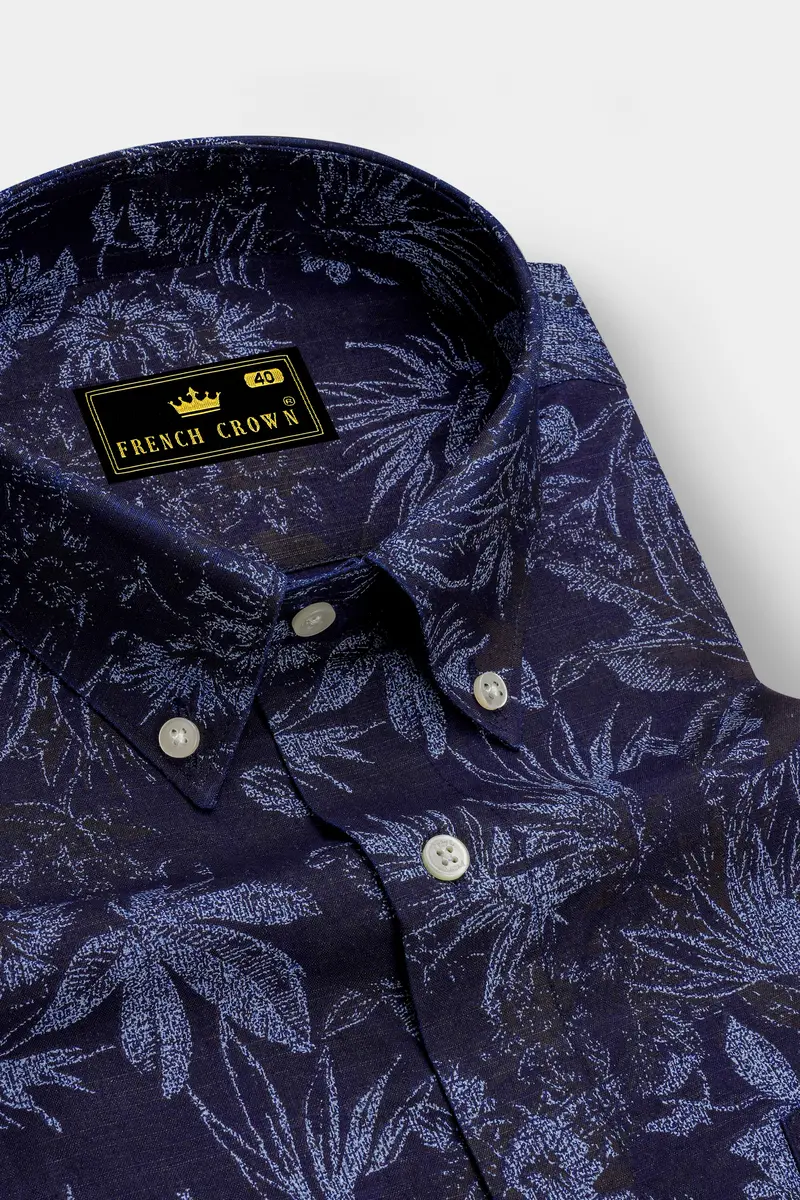 Blackcurrant Blue With Ship Cove Blue Floral Chambray Textured Premium Cotton Shirt 2