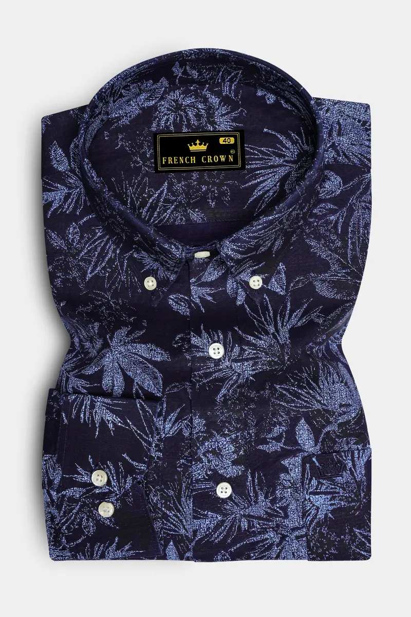 Blackcurrant Blue With Ship Cove Blue Floral Chambray Textured Premium Cotton Shirt 4