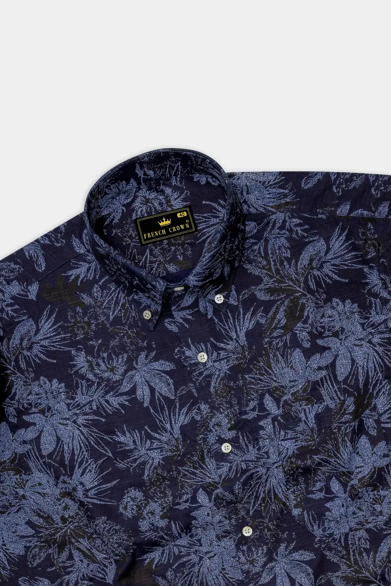 Blackcurrant Blue With Ship Cove Blue Floral Chambray Textured Premium Cotton Shirt 5