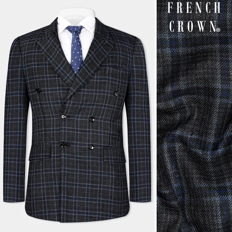 Bleached Black And Marine Blue Plaid Double Breasted Tweed Blazer 1