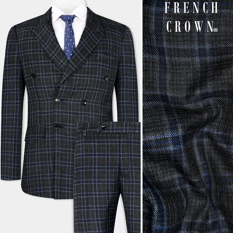 Bleached Black And Marine Blue Plaid Double Breasted Tweed Suit 1