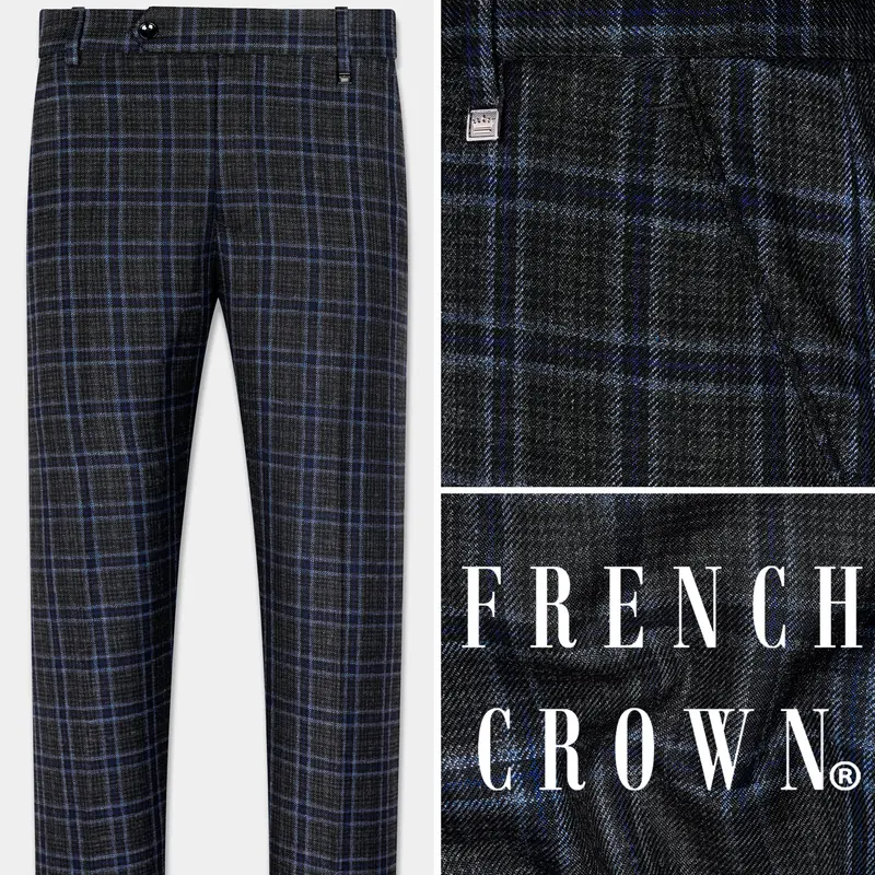 Bleached Black And Marine Blue Plaid Tweed Pant 1