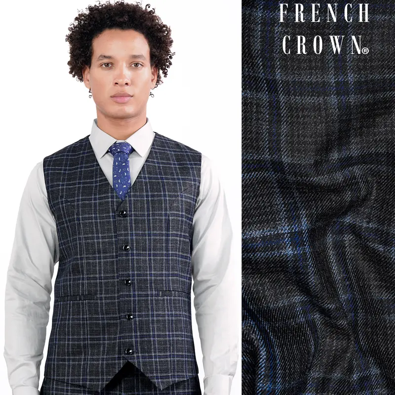 Bleached Black And Marine Blue Plaid Tweed Waistcoat 1