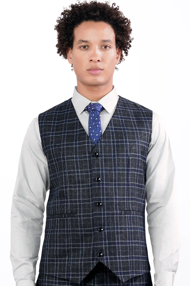 Bleached Black And Marine Blue Plaid Tweed Waistcoat 2