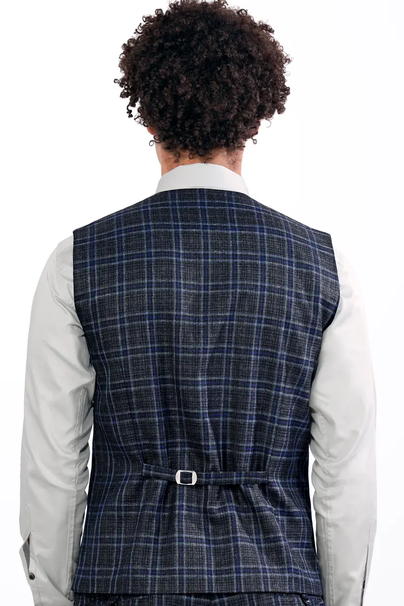 Bleached Black And Marine Blue Plaid Tweed Waistcoat 4